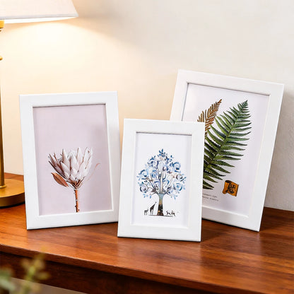 Multi-size tabletop photo frames for displaying 5, 6, 7, and 8-inch photos, suitable for placement in living rooms, bedrooms