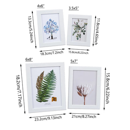 Multi-size tabletop photo frames for displaying 5, 6, 7, and 8-inch photos, suitable for placement in living rooms, bedrooms