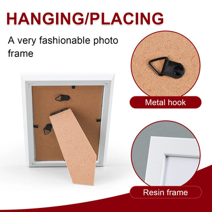 Multi-size tabletop photo frames for displaying 5, 6, 7, and 8-inch photos, suitable for placement in living rooms, bedrooms