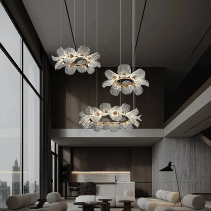 Crystal Flower Chandelier for Dining Room Living Room Exhibition Hall Hanging Artistic Pendant Lights Indoor Lighting Home Decor